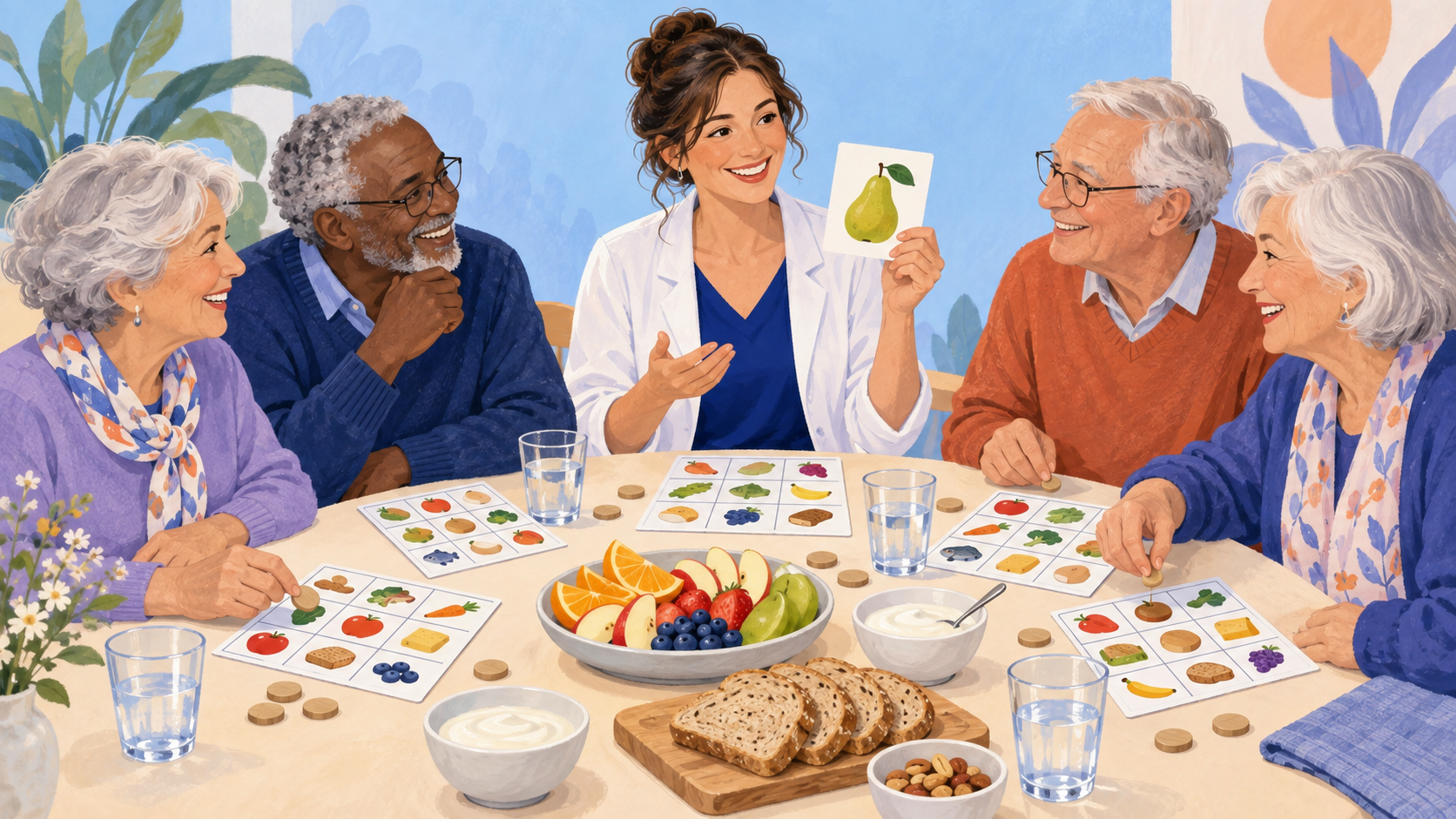 « Une diététicienne anime un loto gourmand avec des seniors autour d’une table de jeux et d’une collation équilibrée. »